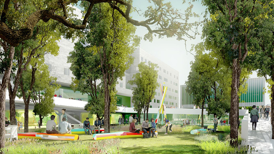 Computer-generated image of the Campus Condorcet garden at the Porte de la Chapelle site, Françoise Mauffret and Jean Guervilly